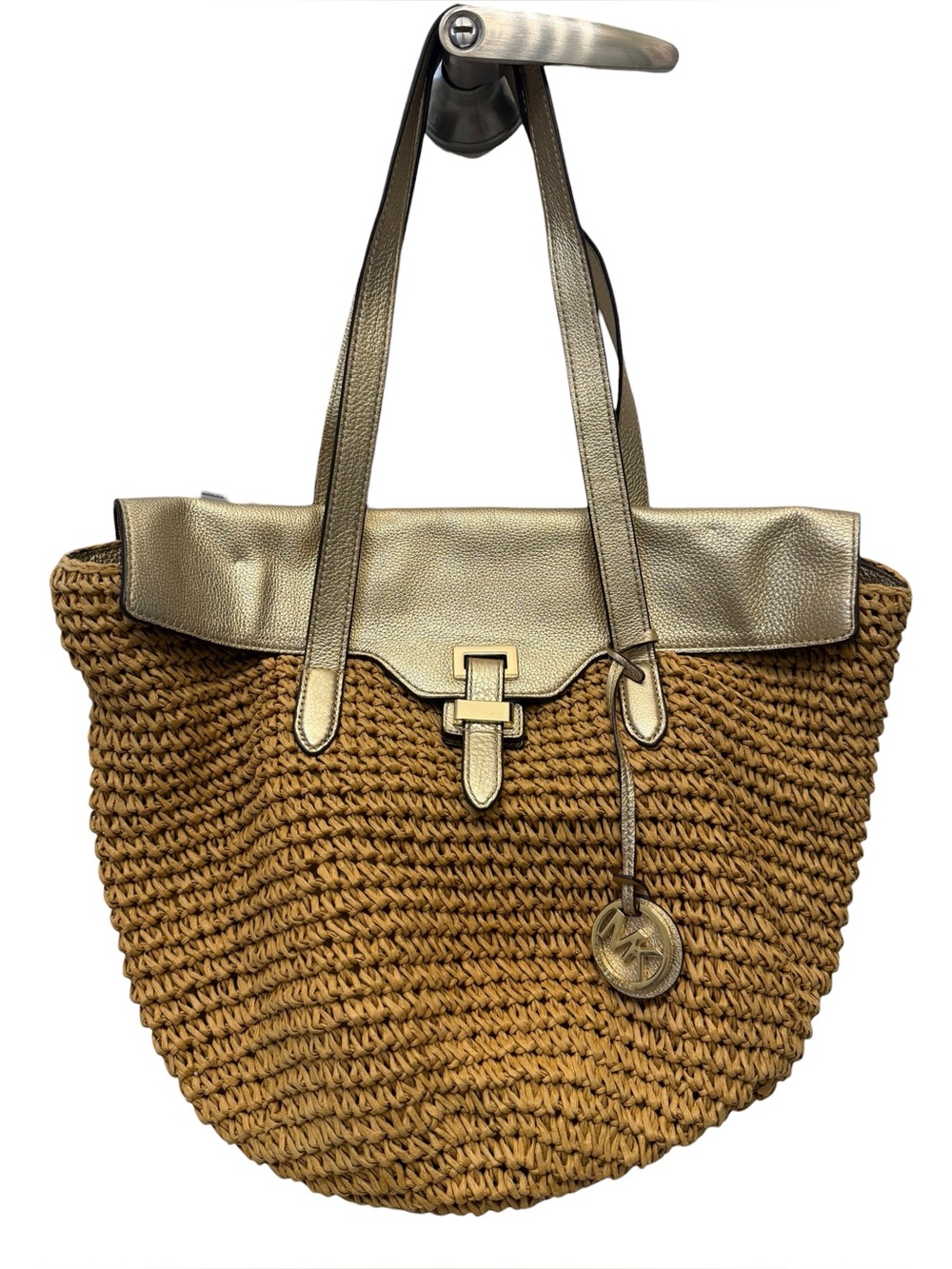 Michael Kors Naomi Large Woven Straw & Metallic Gold Leather Tote Bag